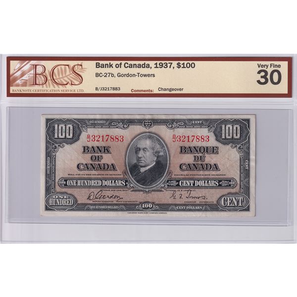 BC-27b 1937 Canada $100, Gordon-Towers, Changeover, B/J3217883, BCS Certified VF-30.