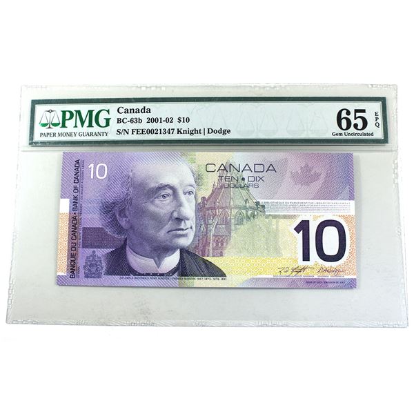 BC-63b 2001-02 Canada $10, Knight-Dodge, FEE0021347, PMG Certified GUNC-65 EPQ.