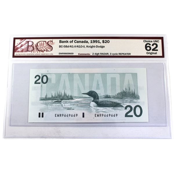 BC-58d-N1-ii-N10-ii 1991 $20, Knight-Dodge, 2 Digit RADAR, 3 Cycle REPEATER, BCS CUNC-62 Original.