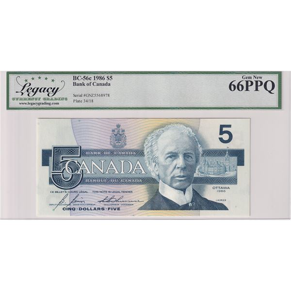 BC-56c 1986 Canada $5, Bonin-Thiessen, GNZ5568978, Legacy Certified GUNC-66 PPQ.