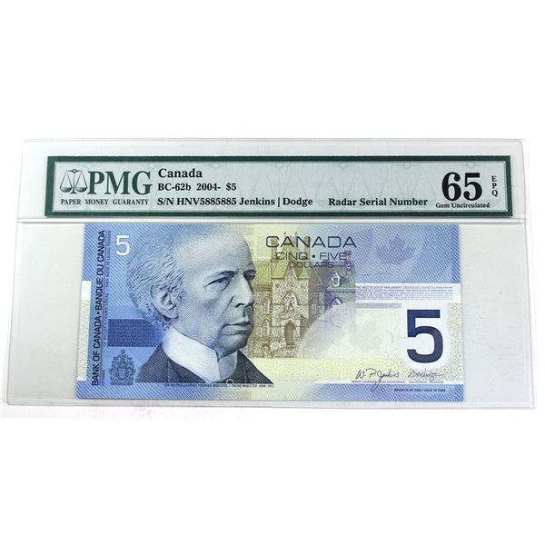 BC-62b 2004 Canada $5, Jenkins-Dodge, 2 Digit RADAR HNV5885885, PMG Certified GUNC-65 EPQ.