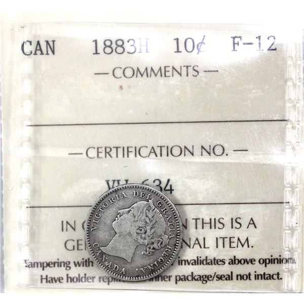 1883H Canada 10-cent ICCS Certified F-12. Natural Mauve Hues Over Clean Surfaces!