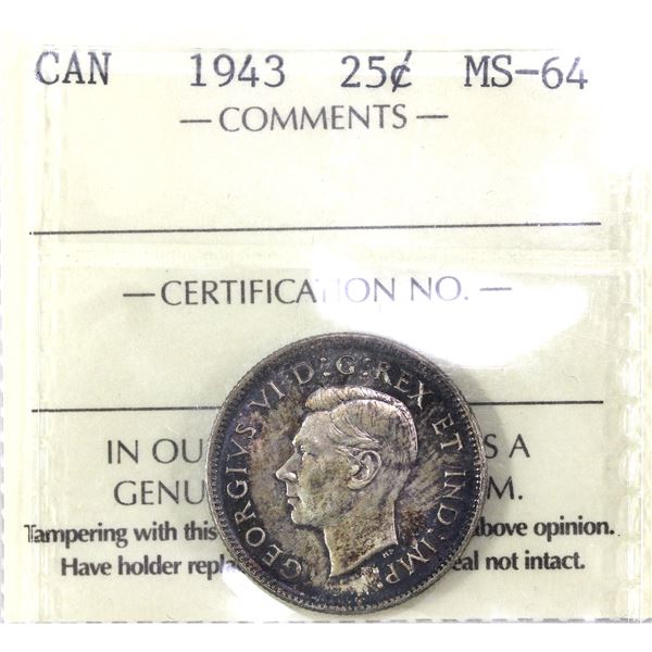 1943 Canada 25-cent ICCS Certified MS-64. Natural Toning in Hues of Russet and Gold!