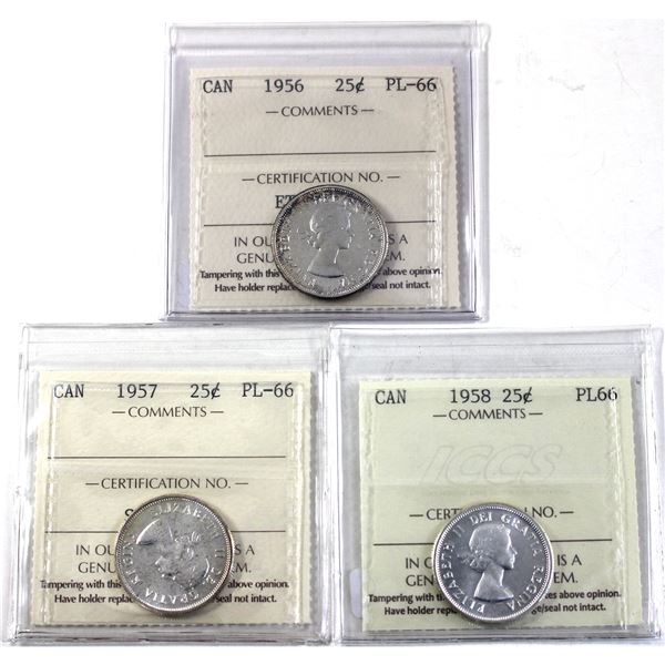 1956, 1957, & 1958 Canada 25-cent All ICCS Certified PL-66. 3pcs.