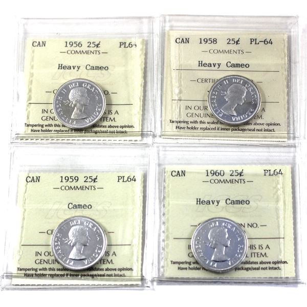 Lot of 4x 1956-1960 Canada 25-cent ICCS Certified PL-64. 4pcs.
