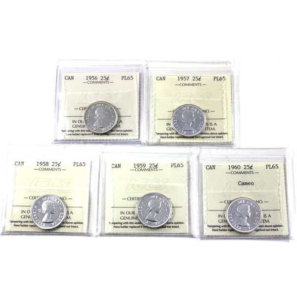 5x 1956-1960 Canada 25-cent ICCS Certified PL-65. Includes: 1956, 1957, 1958, 1959, & 1960. 5pcs.