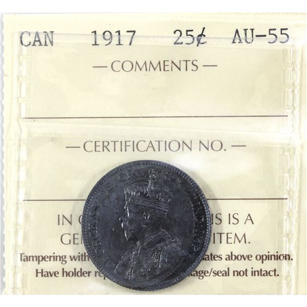 1917 Canada 25-cent ICCS Certified AU-55. Deep Blue and Gold Surface!