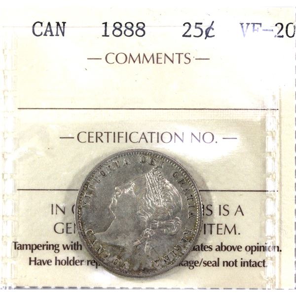 1888 Canada 25-cent ICCS Certified VF-20