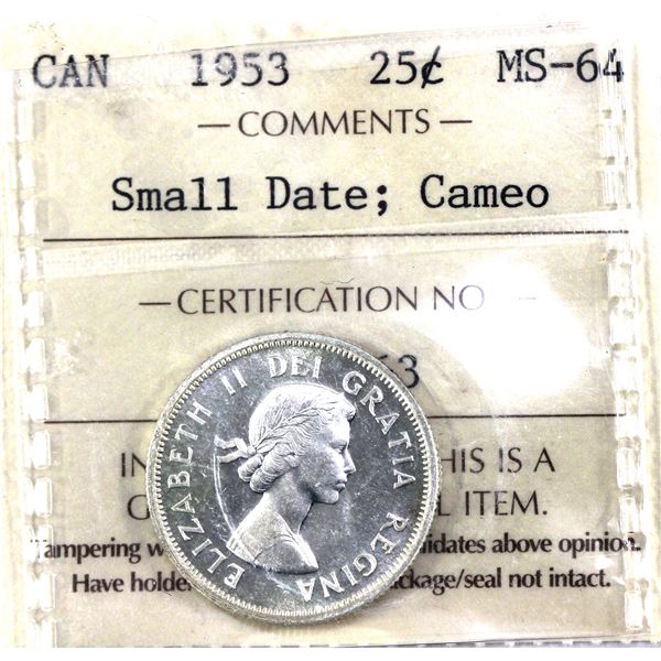 1953 Small Date Canada 25-cent ICCS Certified MS-64, Cameo!