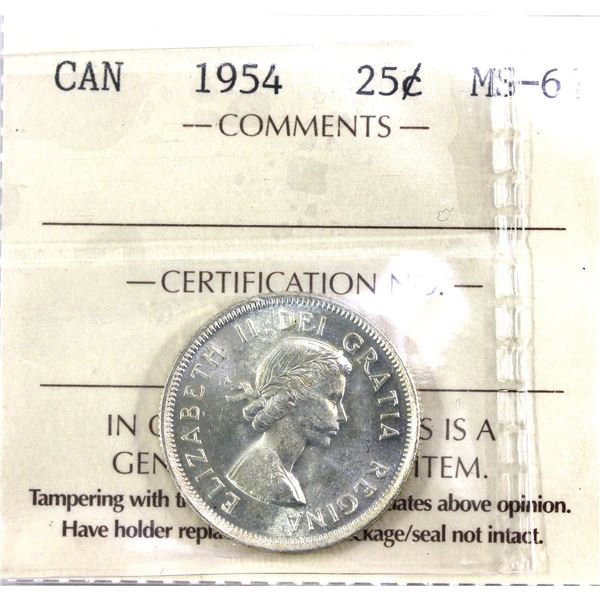 1954 Canada 25-cent ICCS Certified MS-64. Pale Golden Lustre Throughout!