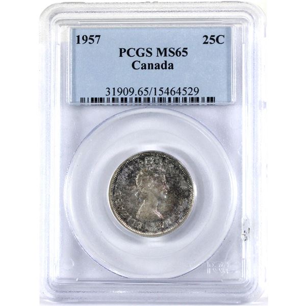 1957 Canada 25-cent PCGS Certified MS-65. Pink Tones Throughout!