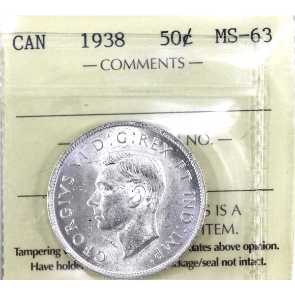 1938 Canada 50-cent ICCS Certified MS63! A blast white coin.