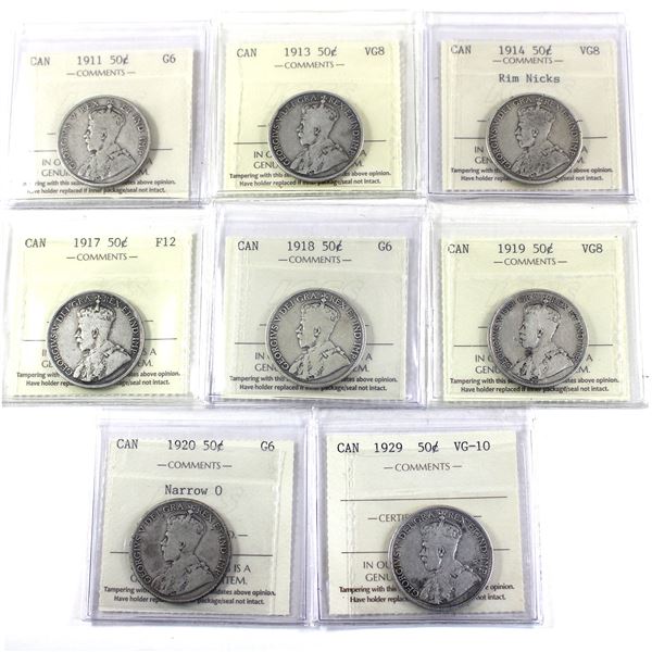 Lot of 8x 1911-1929 Canada 50-cent ICCS Certified G-6 to F-12. 8pcs.