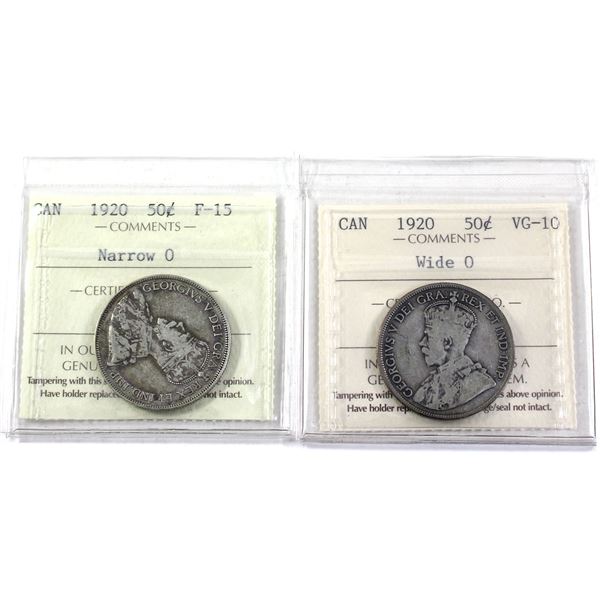2x 1920 Canada 50-cent ICCS Certified VG-10 to F-15. Includes: Wide 0 CG-10, & Narrow 0 F-15. 2pcs.