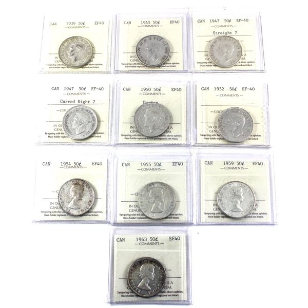 Lot of 10x 1939-1963 Canada 50-cent ICCS Certified EF-40. 10pcs.