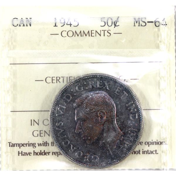 1945 Canada 50-cent ICCS Certified MS-64. Colourful Tones of Teal and Purple!