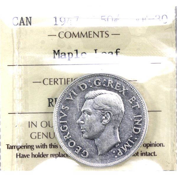 1947 Maple Leaf Canada 50-cent ICCS Certified VF-30