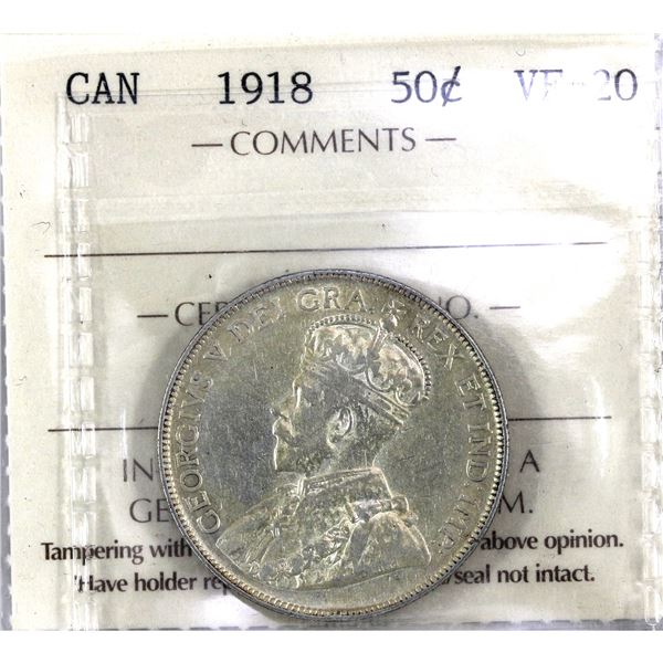 1918 Canada 50-cent ICCS Certified VF-20
