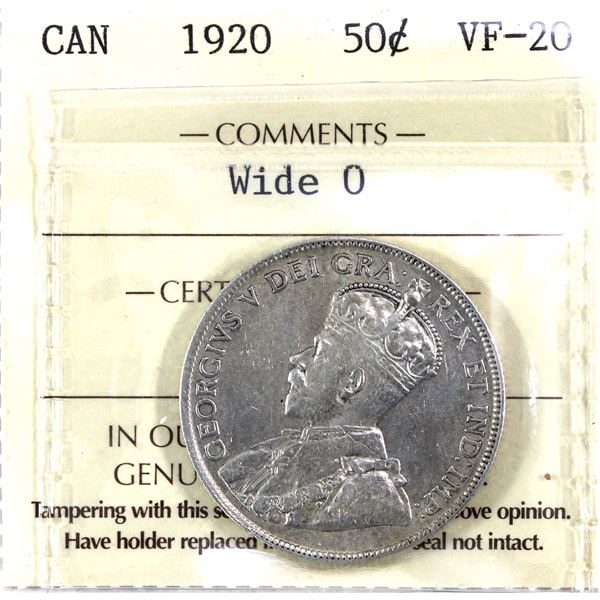 1920 Wide 0 Canada 50-cent ICCS Certified VF-20
