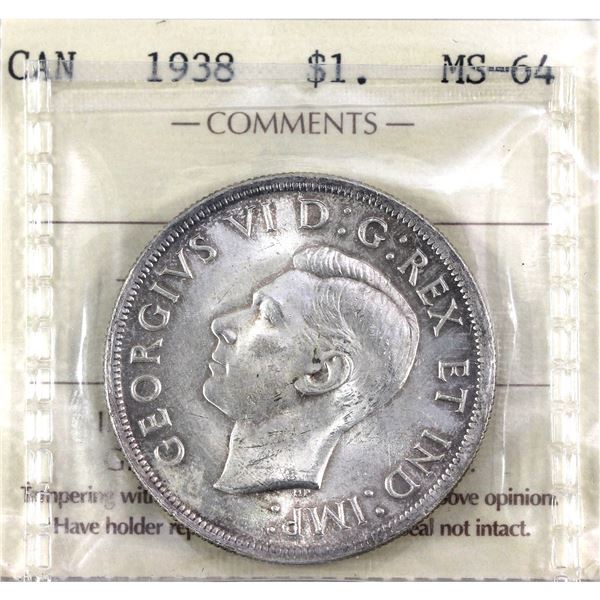 1938 Canada Silver $1 ICCS Certified MS64! *KEY DATE* A frosted coin with choice toning of light vio