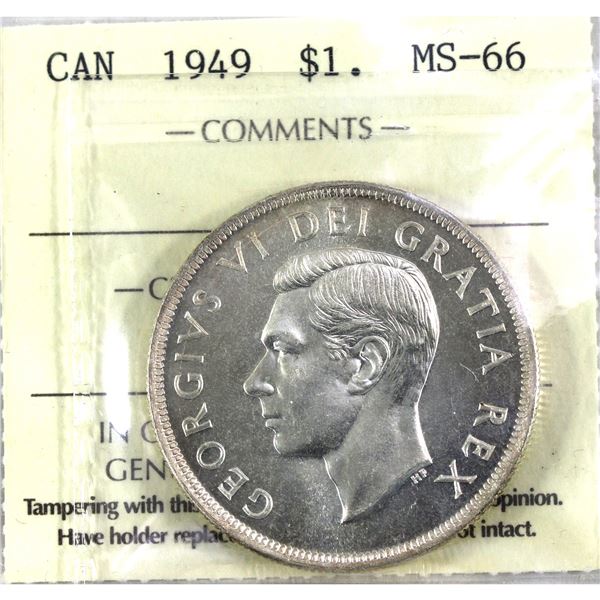 1949 Canada Silver $1 "NFLD-The Matthew Ship" ICCS Certified MS66! A bright near flawless coin.