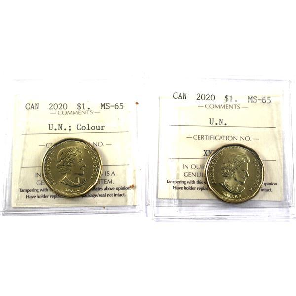 2020 Canada Loon $1 United Nations Coloured & Plain ICCS Certified MS-65. 2pcs
