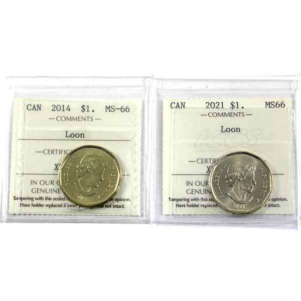 2014 & 2021 Canada Loon $1 Both ICCS Certified MS-66. 2pcs.