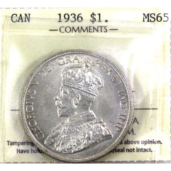 1936 Canada Silver $1 ICCS Certified MS-65. Lustrous Coin with Great Eye Appeal!