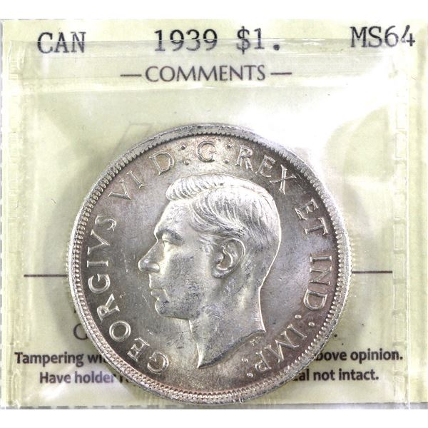 1939 Canada Silver $1 ICCS Certified MS-64