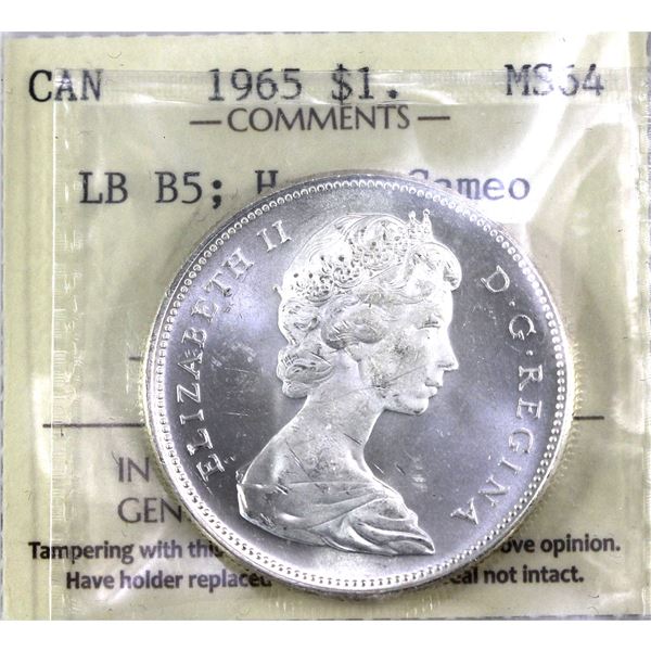 1965 LrgBds, Blt 5 Canada Silver $1 ICCS Certified MS-64, Heavy Cameo!