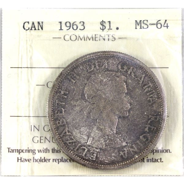 1963 Canada Silver $1 ICCS Certified MS-64. Warm Russet Hues Throughout!