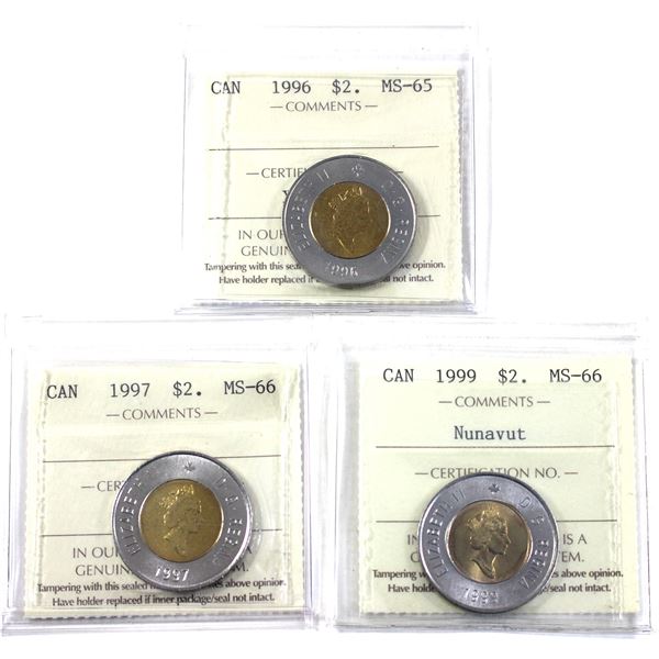 1996, 1997, & 1999 Nunavut Canada $2 All ICCS Certified MS-66. 3pcs.