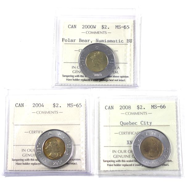 2000W NBU, 2004, & 2008 Quebec Canada $2 All ICCS Certified MS-66. 3pcs.