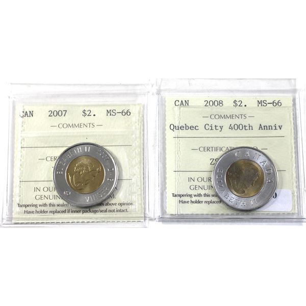 2007 & 2008 Quebec 400th Ann. $2 Both ICCS Certified MS-66. 2pcs.