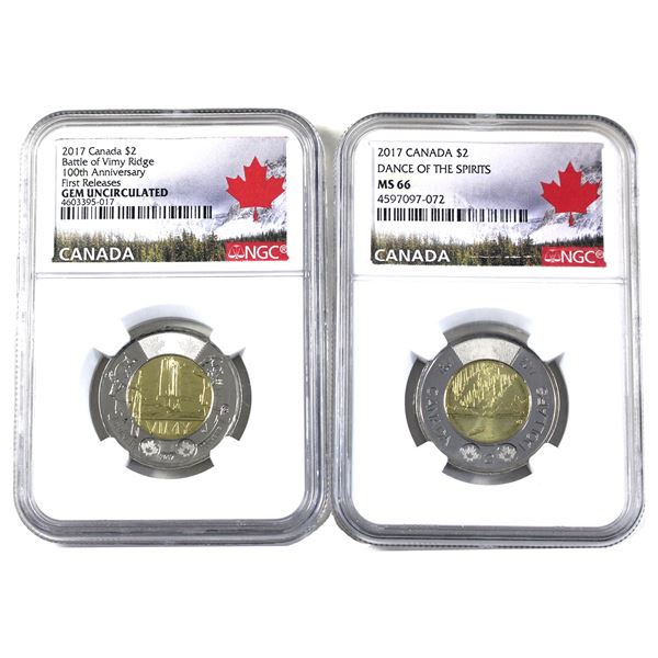 Lot of 2x 2017  Canada $2 NGC Certified MS-66 to Gem UNC. 2pcs.