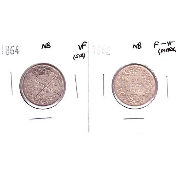 Lot of 2x 1862-1864 New Brunswick 20-cent in FV-VF to VF Condition. 2pcs.