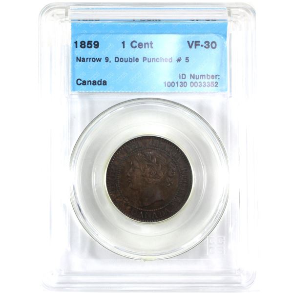 1859 Narrow 9, Double Punched #5 Canada 1-cent CCCS Certified VF-30