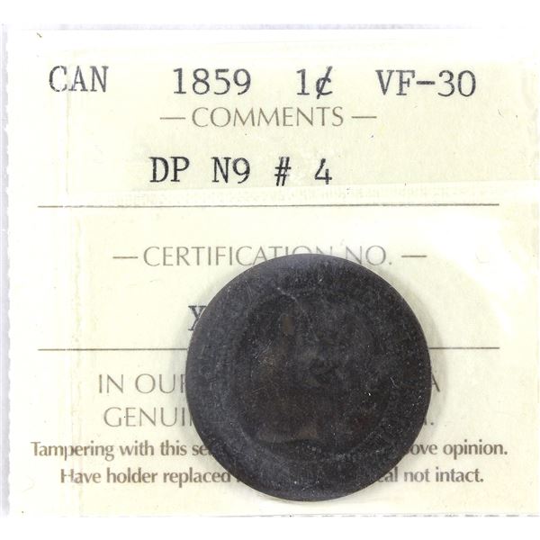 1859 DP N9 #4 Canada 1-cent ICCS Certified VF-30