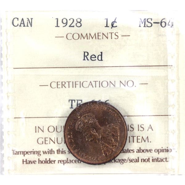 1928 Canada 1-cent ICCS Certified MS-64, Red!