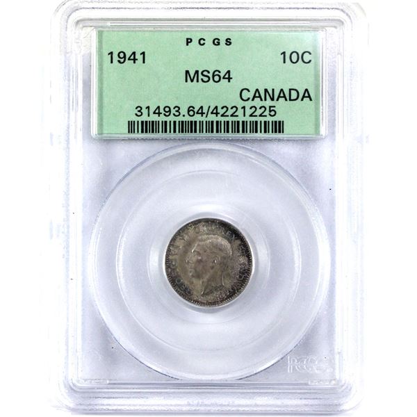 1941 Canada 10-cent PCGS Certified MS-64. Comes in Vintage Green-Label Holder!