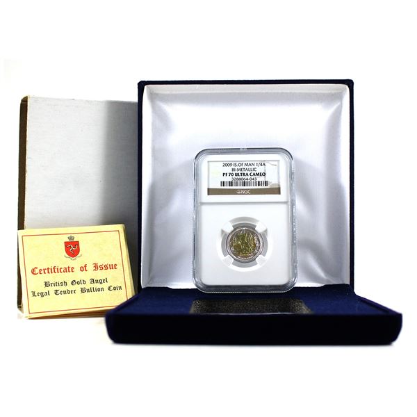 2009 Bi-metallic Isle of Man 1/4 Angel NGC PF-70, Ultra Cameo. Fine Gold & Silver (Tax Exempt)