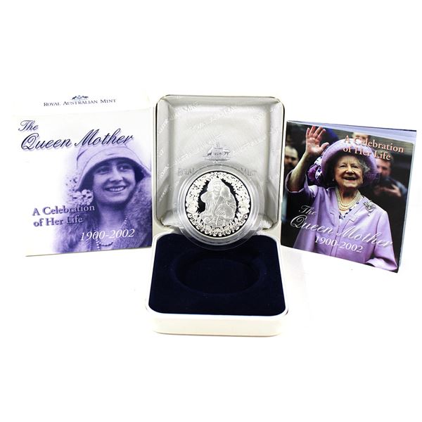 2002 Australia $5 The Queen Mother- A Celebration of Her Life 1oz Fine Silver Proof (Tax Exempt)