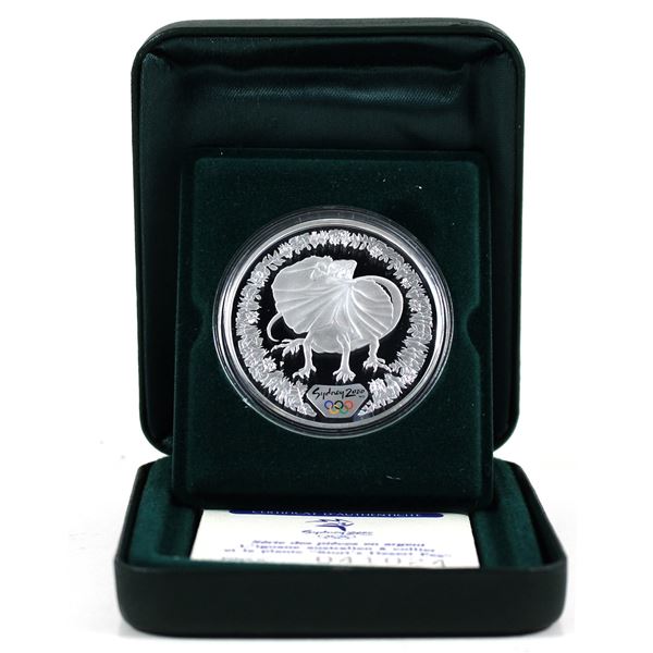 2000 Australia $5 Frill Necked Lizard & Sturt's Desert Pea 1oz Fine Silver Proof (Tax Exempt)