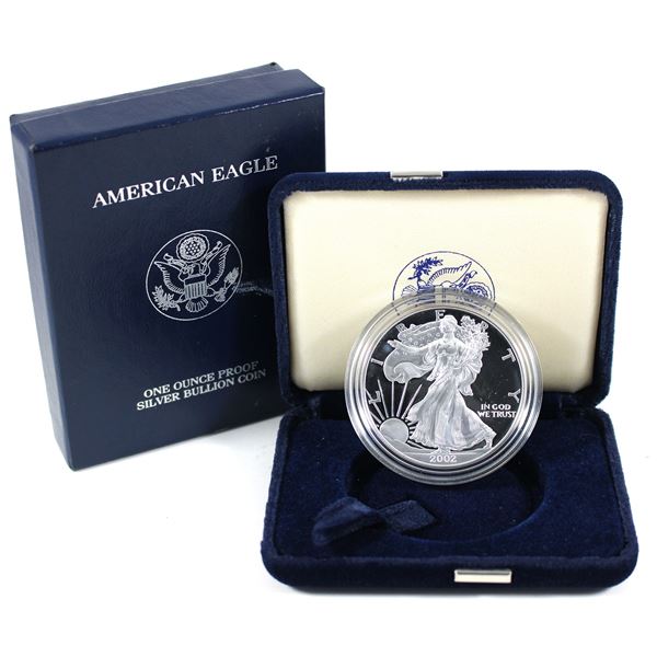 2002-W USA $1 Silver Eagle 1oz Fine Silver Proof. Includes all original packaging (Tax Exempt)