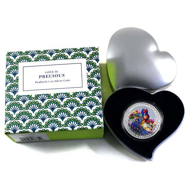 2015 Niue $2 Love is Precious-Peafowls 1oz Fine Silver Proof w/ Colour & Zirconia (Tax Exempt)