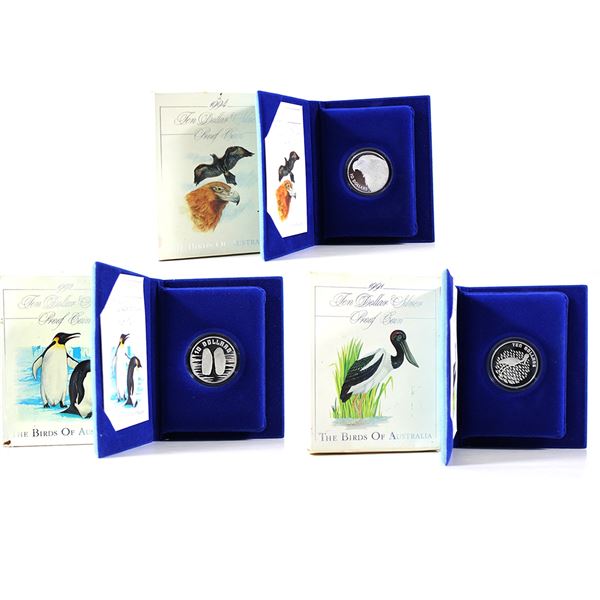Lot of 3x 1991-1994 Australia $10 Birds of Australia Sterling Silver Proof Coins. 3pcs.