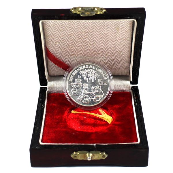 1989 China 5 Yuan 70th Anniversary Save the Children Fund. Contains appx. 0.6426oz Pure Silver!