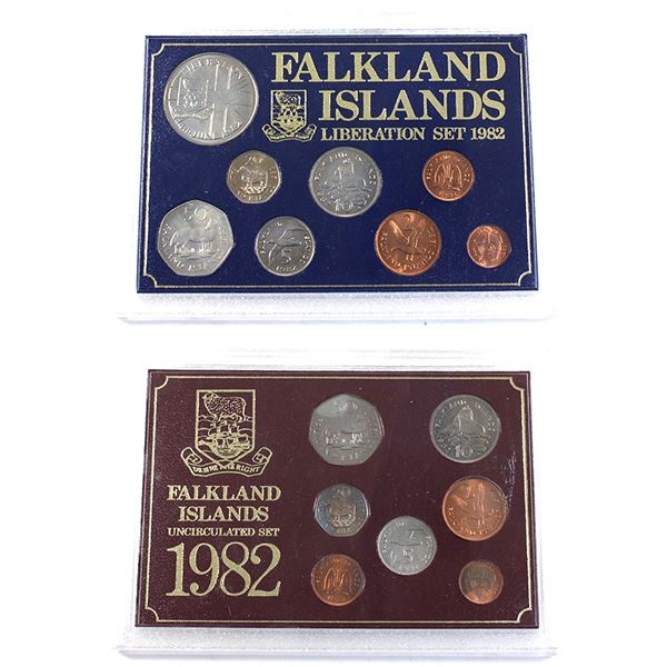 Lot of 2x 1982 Falkland Islands Coin Sets. Includes: Uncirculated Set, & Liberation Set. 2pcs.
