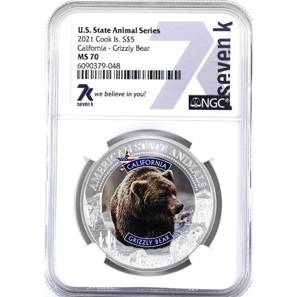 Cook Islands Silver US State Animals 2021 $5 California-Grizzly Bear NGC Certified MS70 (Tax Exempt)