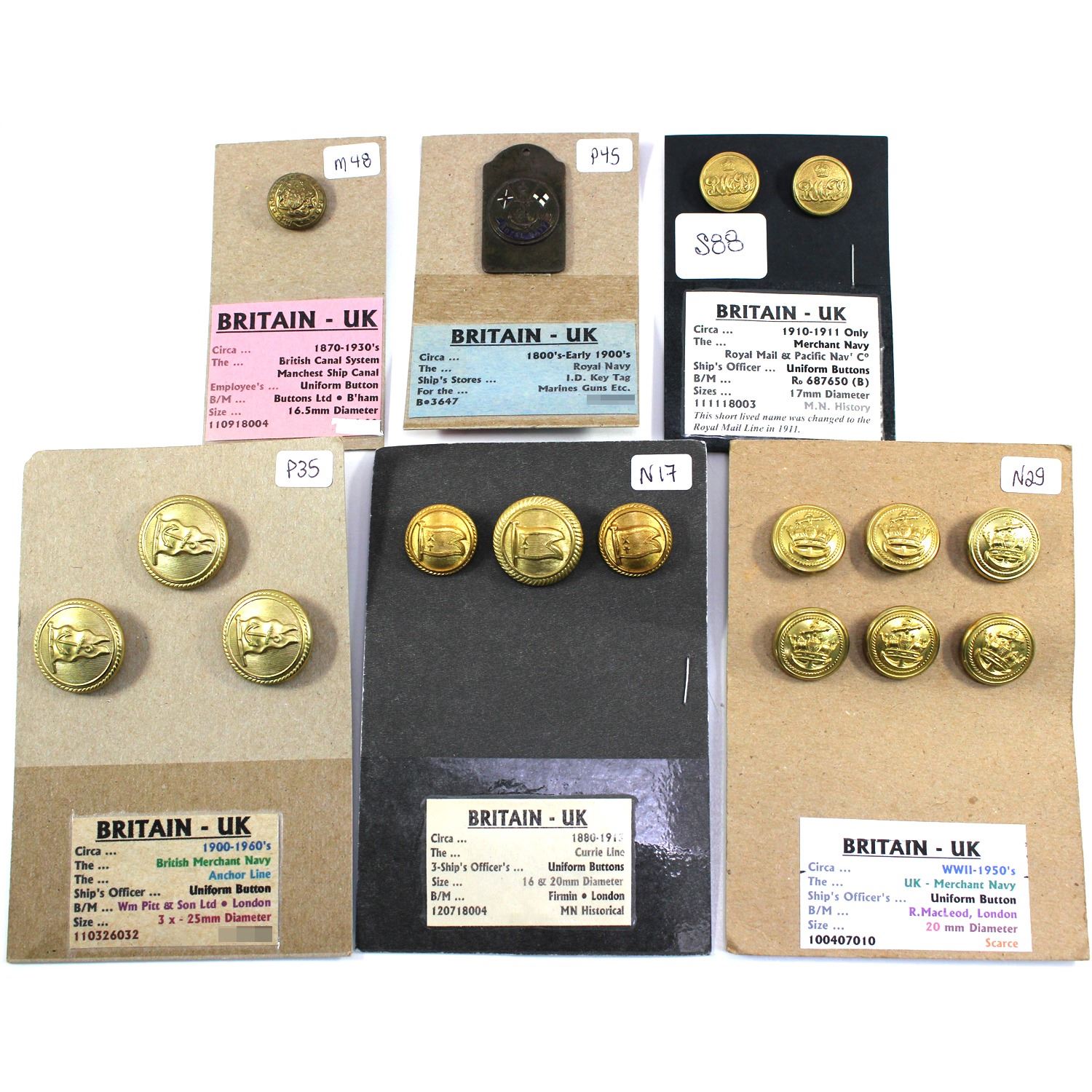 Buttons Merchant One Lot of 16x Great Britain Merchant Navy Buttons and Tag. Includes ...